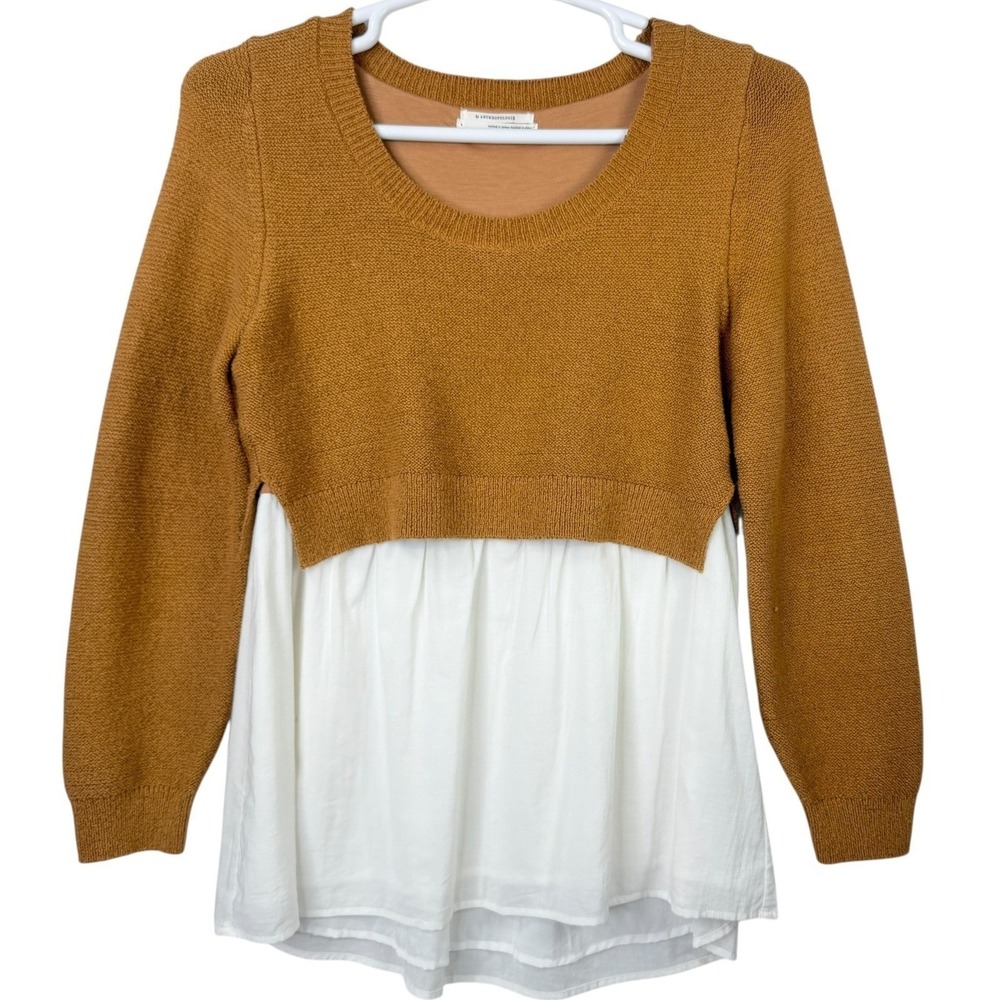 Anthropologie Layered Sweater Top Mixed Media Knit Boho Brown White L Preppy‎